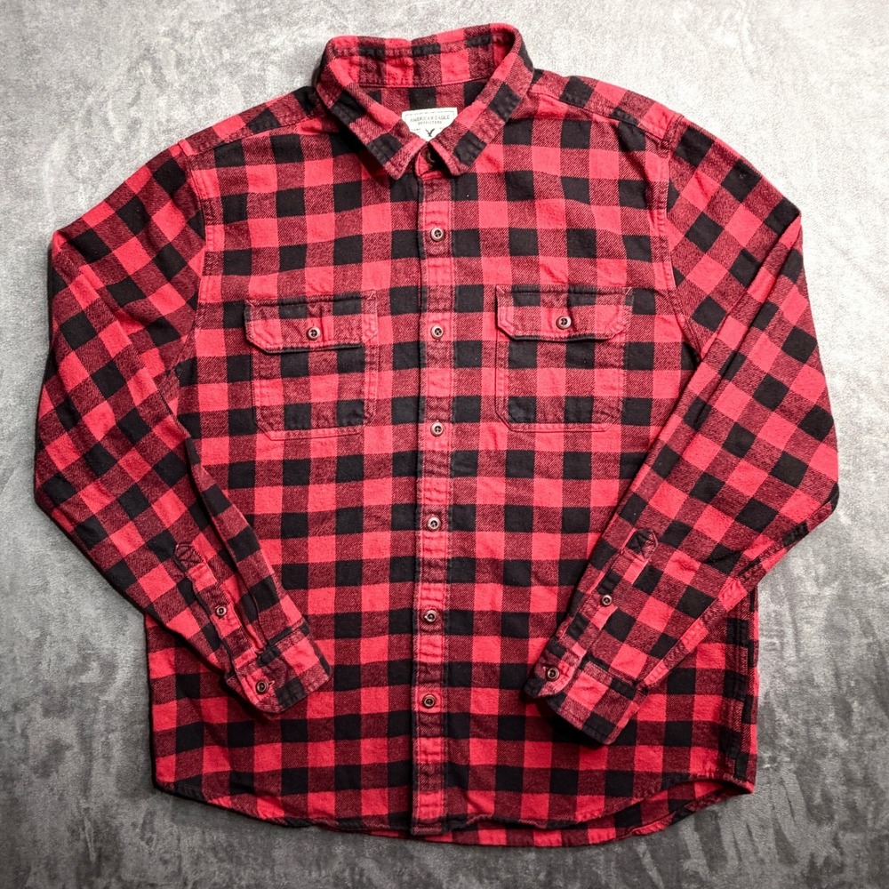 American Eagle Flannel Mens XL Red Black Buffalo Plaid Button Down Shirt Cotton